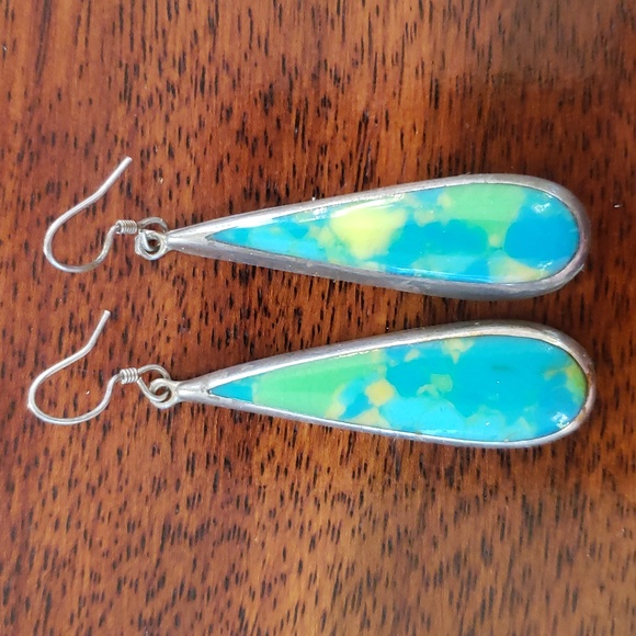 VINTAGE Sterling Silver Enamel Teardrop Earrings • Modernist Dangle - Picture 4 of 11